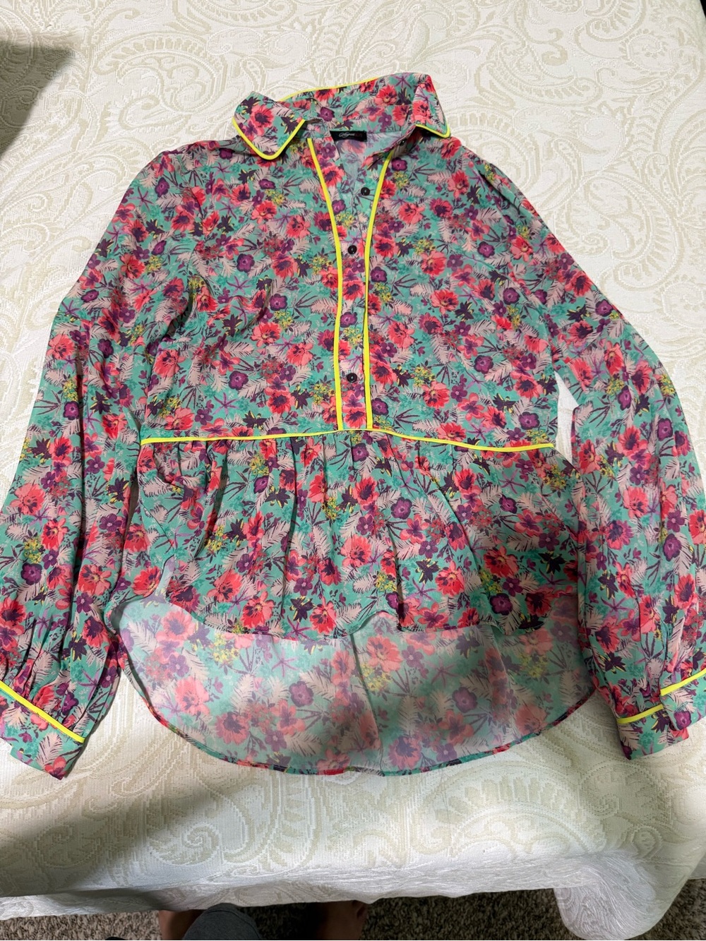 Sugarlips Floral Sheer Peplum Blouse - Mint with Pink & Purple Flowers